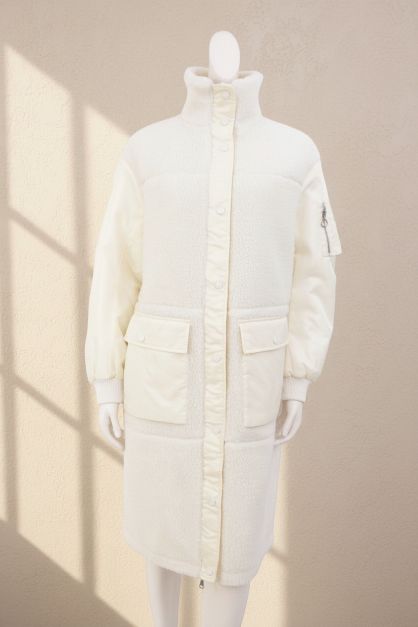 Manteau teddy long Frippindealz Marc O Polo en polyester crème avec col montant, poches et fermeture à boutons