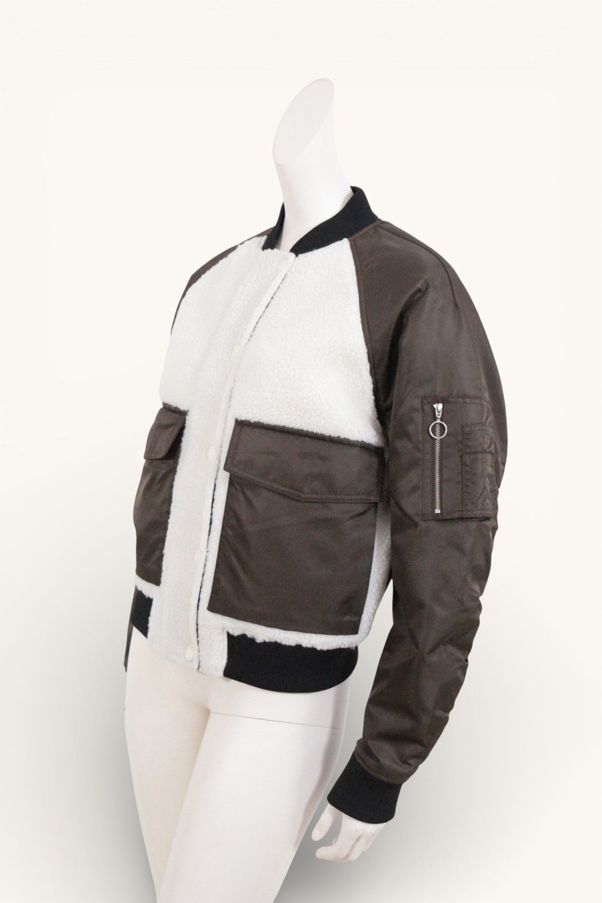 Veste bomber Frippindealz Marc O Polo kaki et blanc en polyester avec empiècements en fausse fourrure sherpa