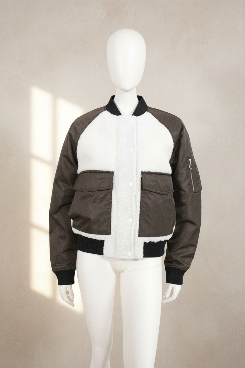 Veste bomber Frippindealz Marc O Polo kaki et blanc en polyester avec empiècements en fausse fourrure sherpa