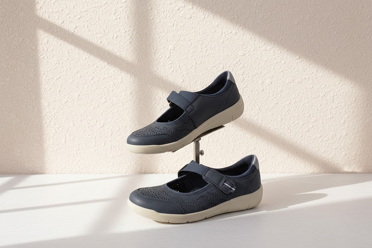 Chaussures Mary Janes Frippindealz bleu marine en cuir synthétique avec découpes laser et bride à scratch ajustable