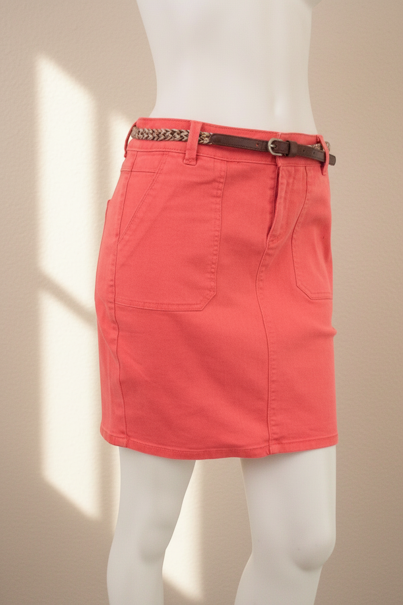 Mini jupe Frippindealz corail en coton stretch avec ceinture tressée, coupe droite ajustée, vue de profil sur mannequin