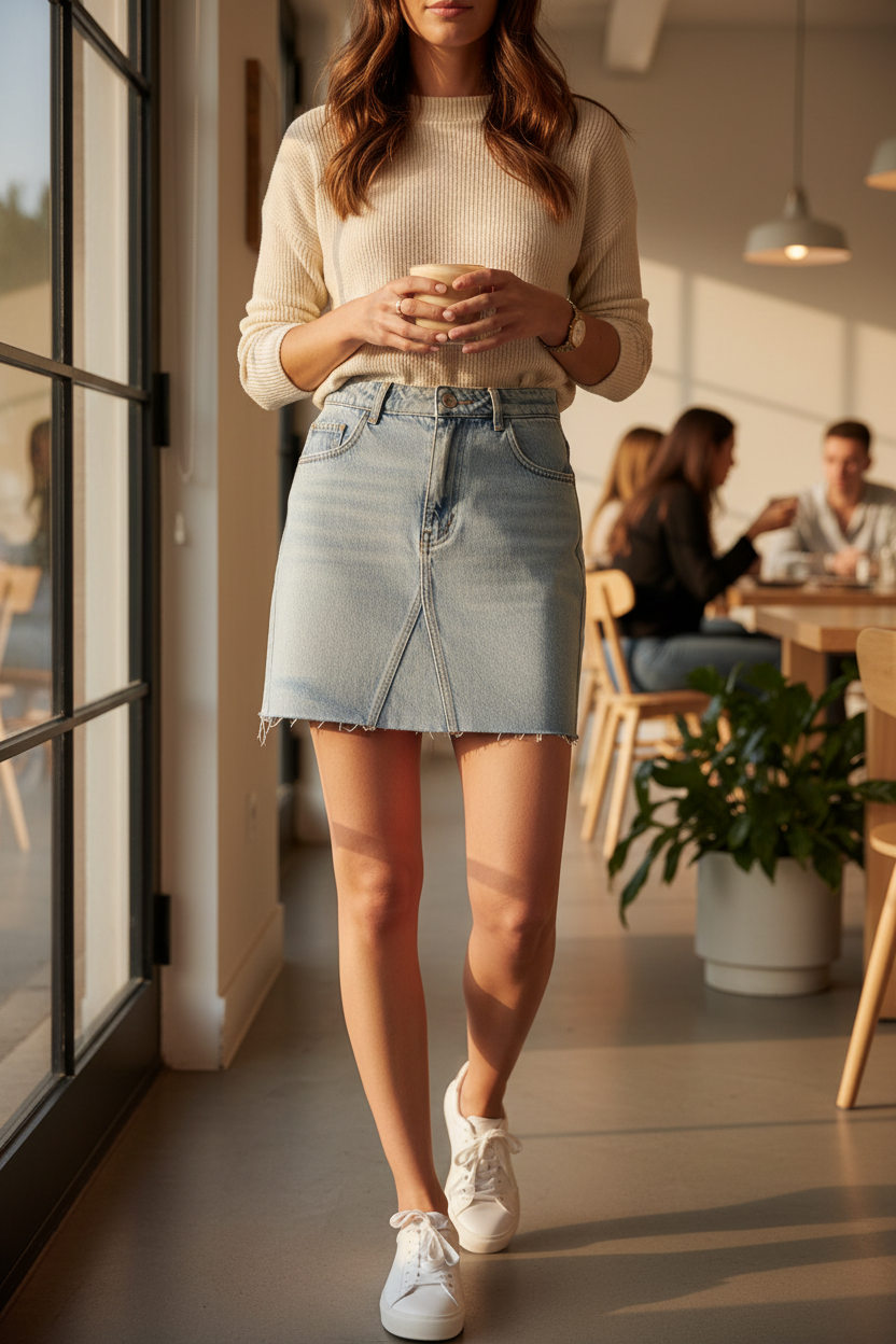 Mini-jupe en jean bleu clair Frippindealz avec surpiqûres et ourlet effiloché, portée avec un pull beige et baskets