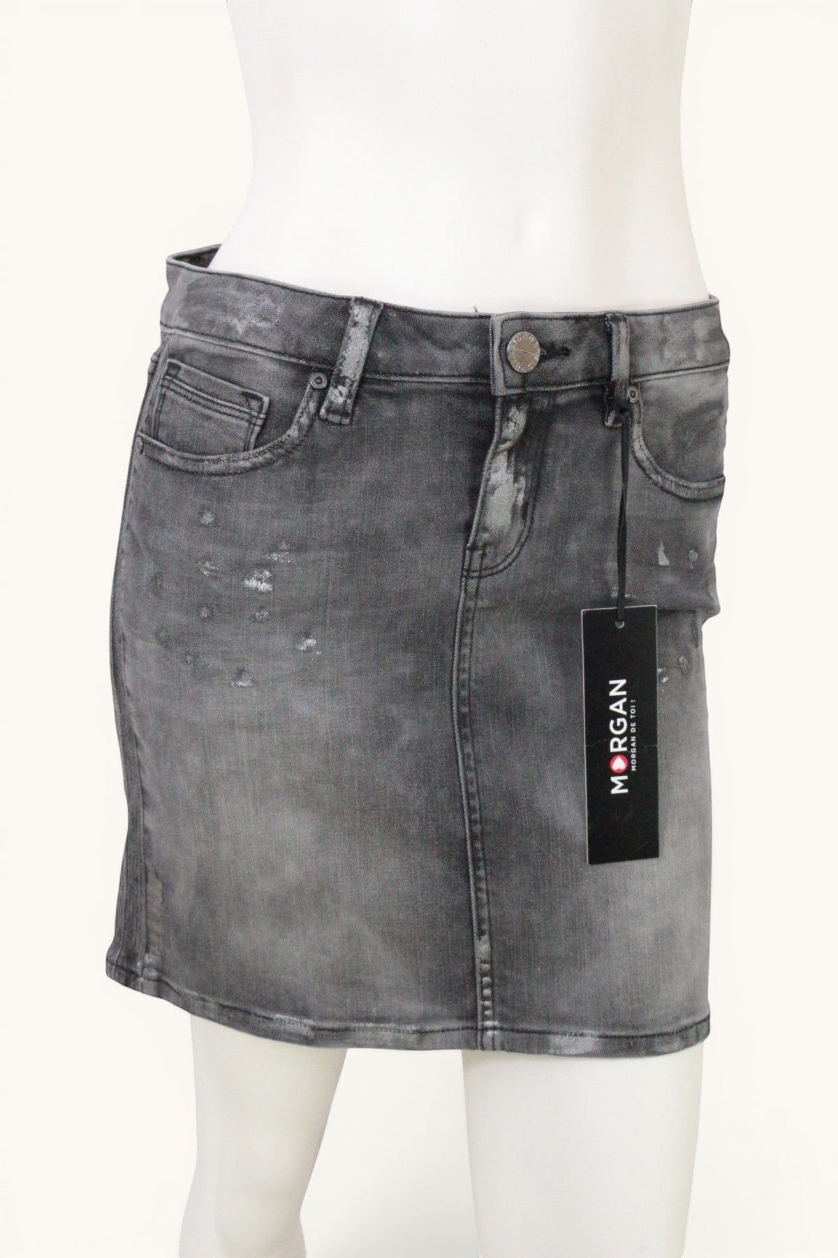 Mini jupe en jean gris acid wash Frippindealz Morgan avec détails usés et étiquette, coupe droite stretch