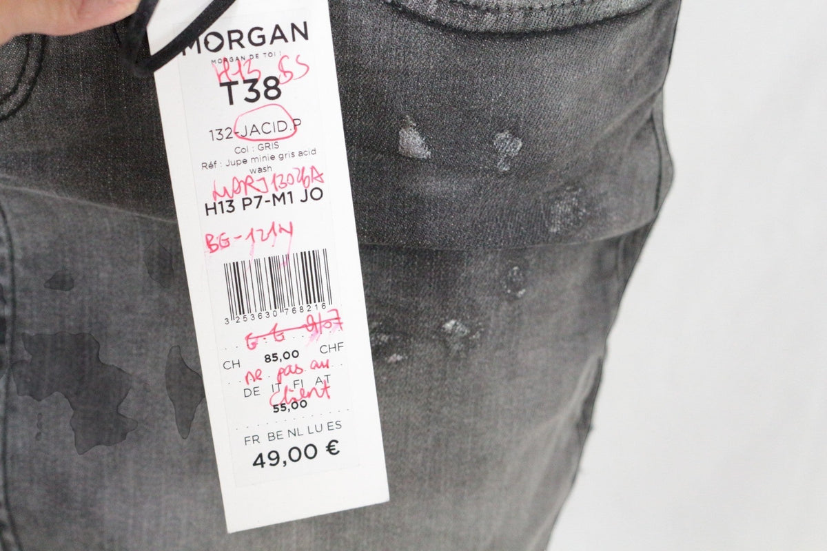 Mini jupe en jean gris acid wash Frippindealz avec étiquette Morgan taille 38 et détails usés tendance