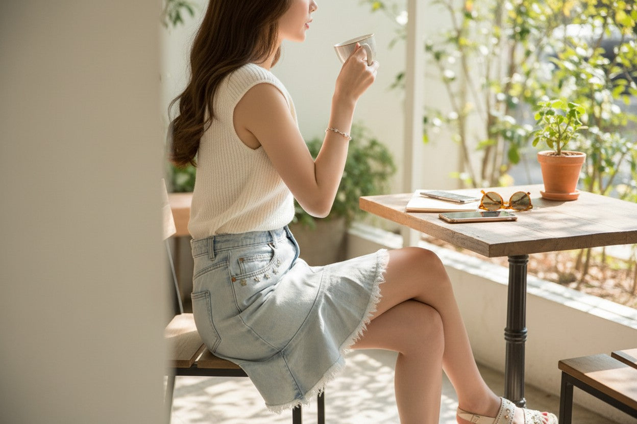 Femme portant une mini-jupe en jean bleu clair Frippindealz avec motifs étoiles et ourlet effiloché dans un café
