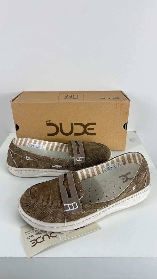 Mocassins Frippindealz Hey Dude en toile marron avec semelle blanche et doublure rayée, neufs avec boîte
