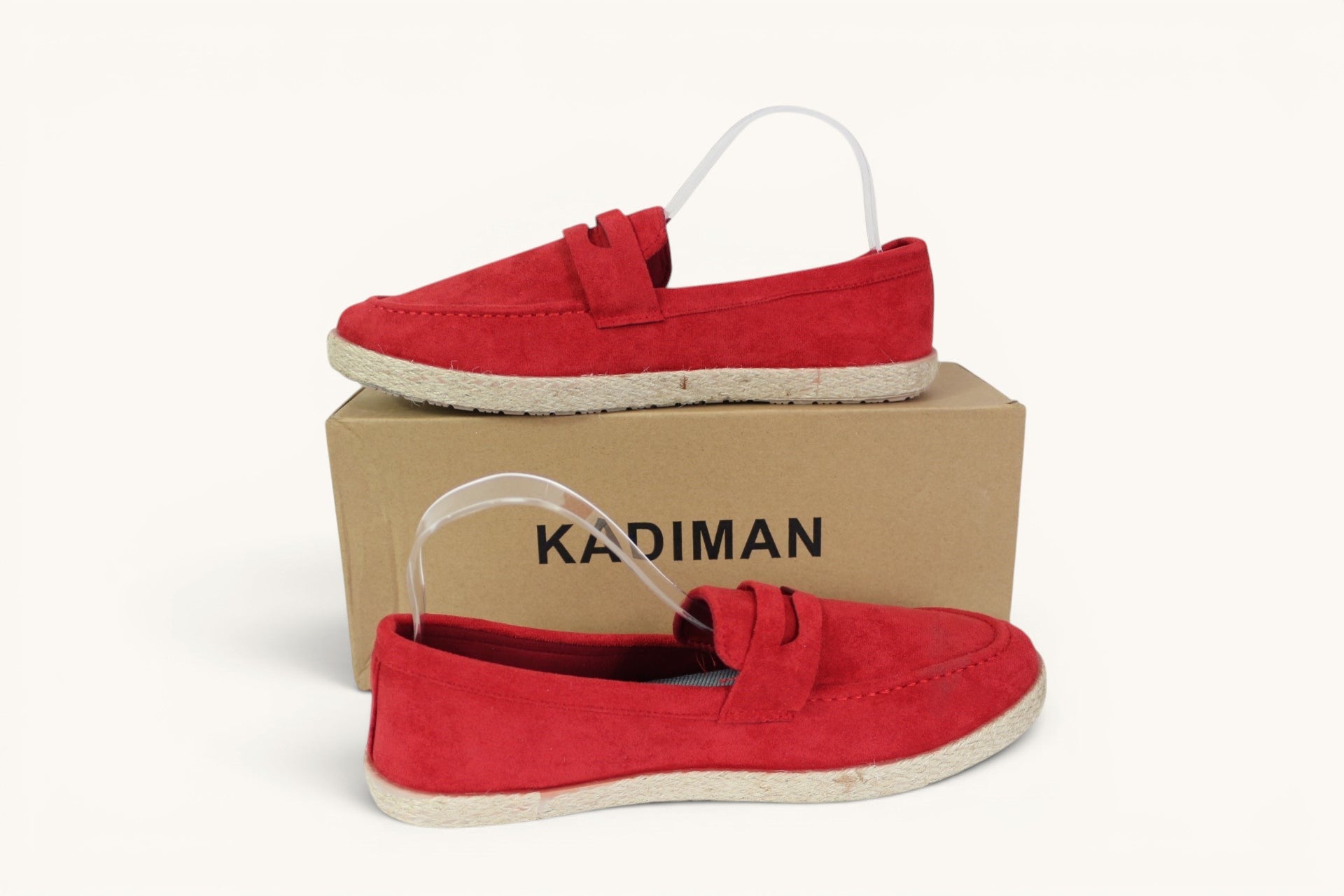 Mocassins homme Frippindealz Kadiman rouges effet daim avec semelle façon corde style espadrille et boîte d'origine