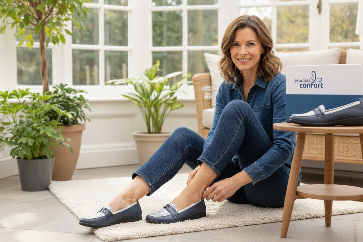 Femme portant des mocassins Pharma Confort en cuir marine et blanc à motif fleuri dans un intérieur lumineux