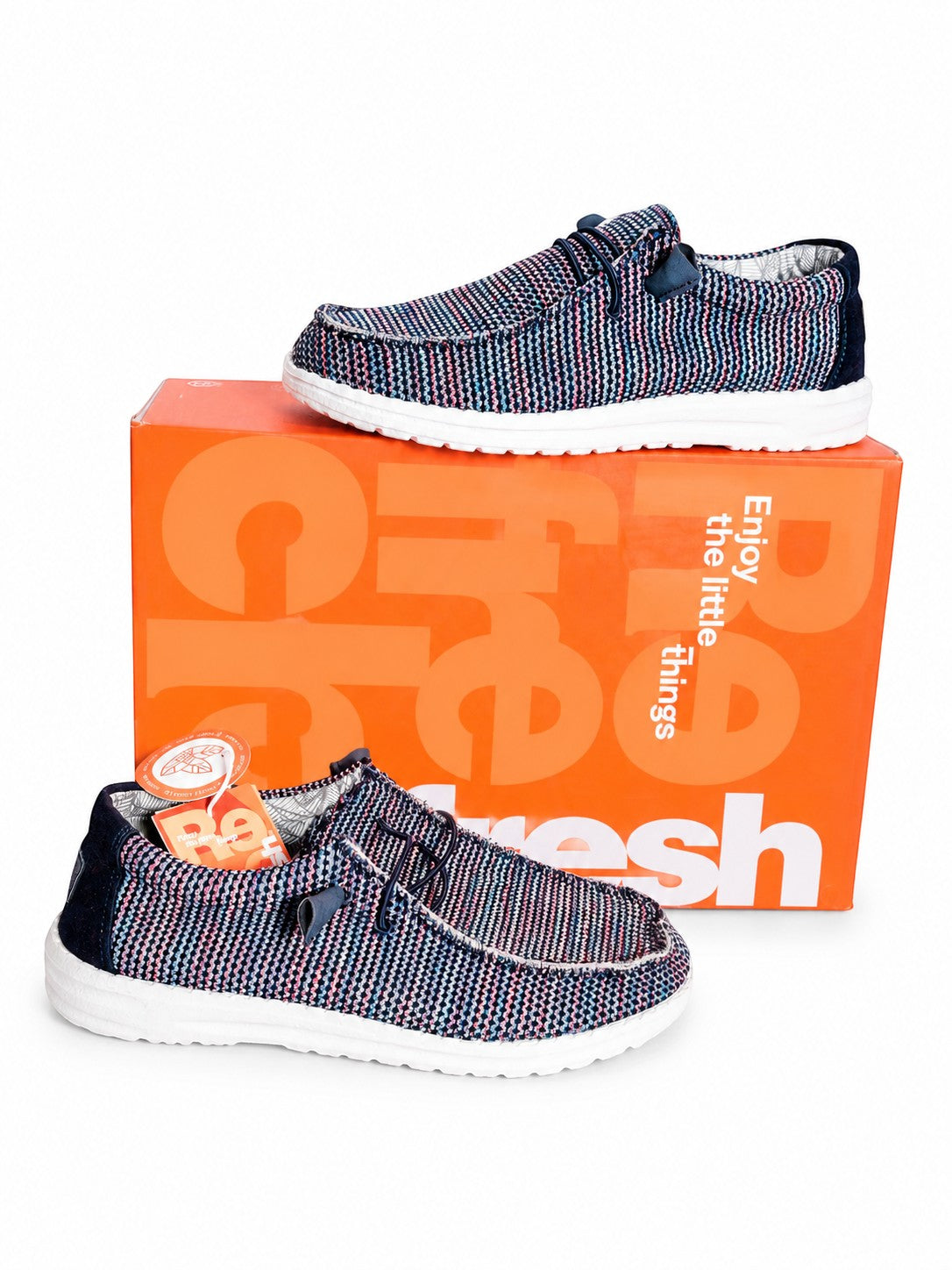 Mocassins Refresh Frippindealz bleu marine en textile tissé avec semelle blanche, neufs avec étiquette sur leur boîte
