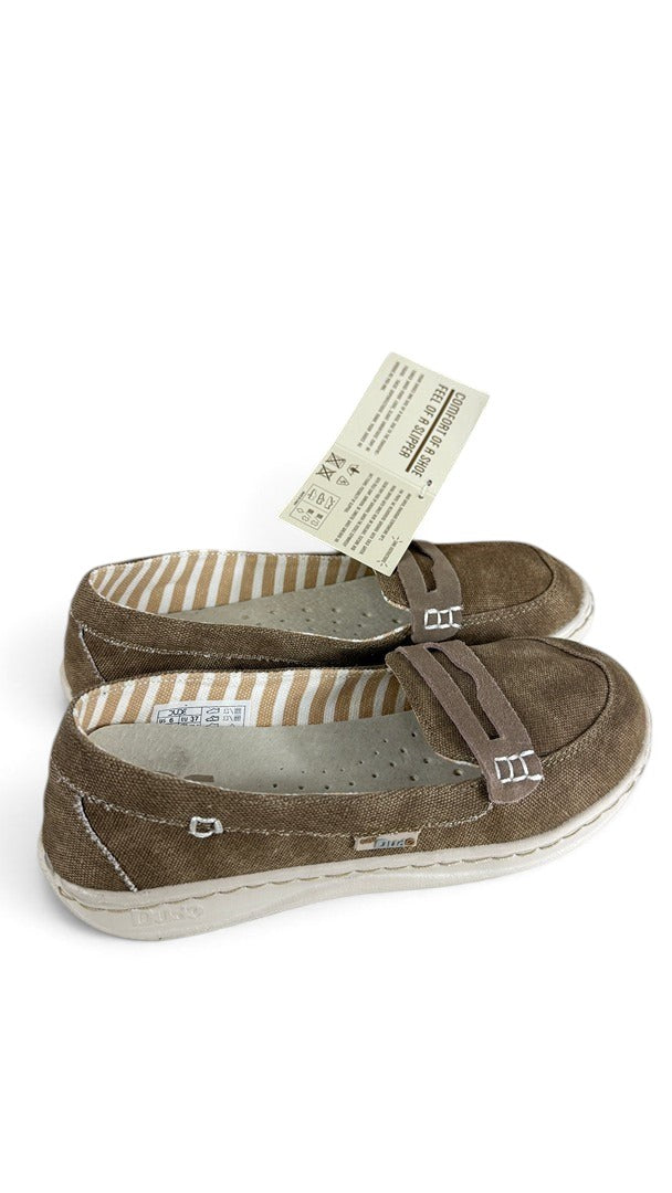 Mocassins Frippindealz Hey Dude en toile marron avec semelle blanche et doublure rayée, neufs avec étiquette