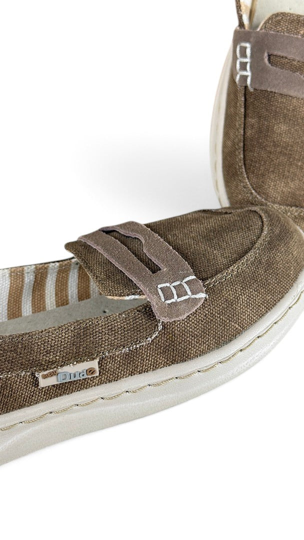 Mocassins Frippindealz Hey Dude en toile marron avec surpiqûres blanches et semelle contrastante