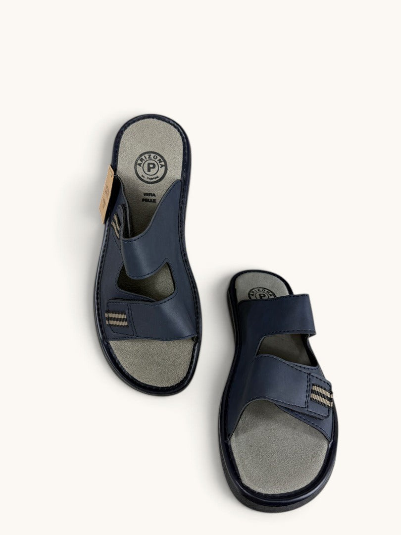 Mules Arizona Frippindealz bleu marine avec doubles brides ajustables et semelle intérieure en cuir véritable