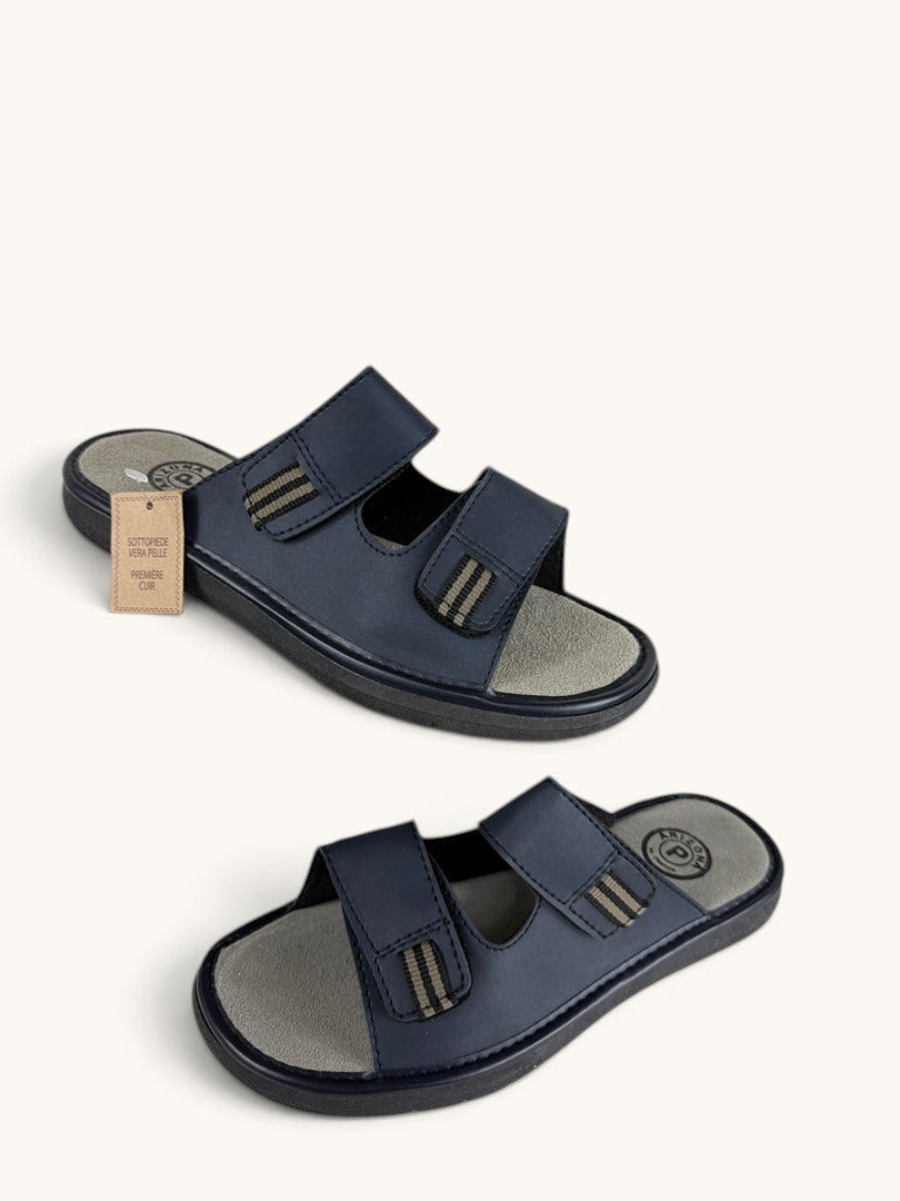 Mules Arizona Frippindealz bleu marine avec doubles brides ajustables et semelle ergonomique en cuir véritable