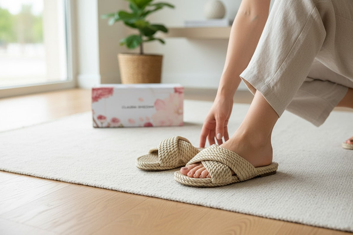 Mules Frippindealz Claudia Ghizzani crème en corde tressée portées avec un pantalon beige sur un tapis clair