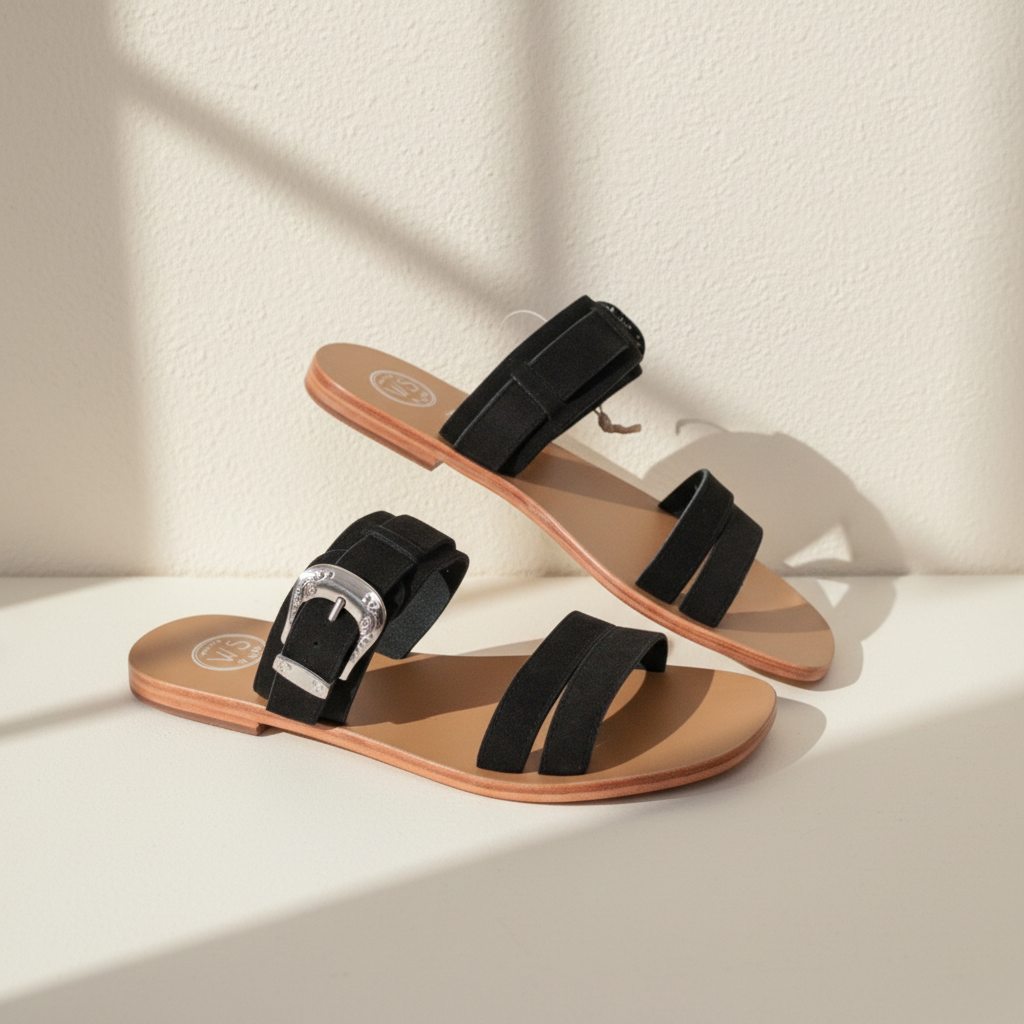 Mules Frippindealz White Sun en cuir noir avec boucle argentée style western sur fond beige minimaliste
