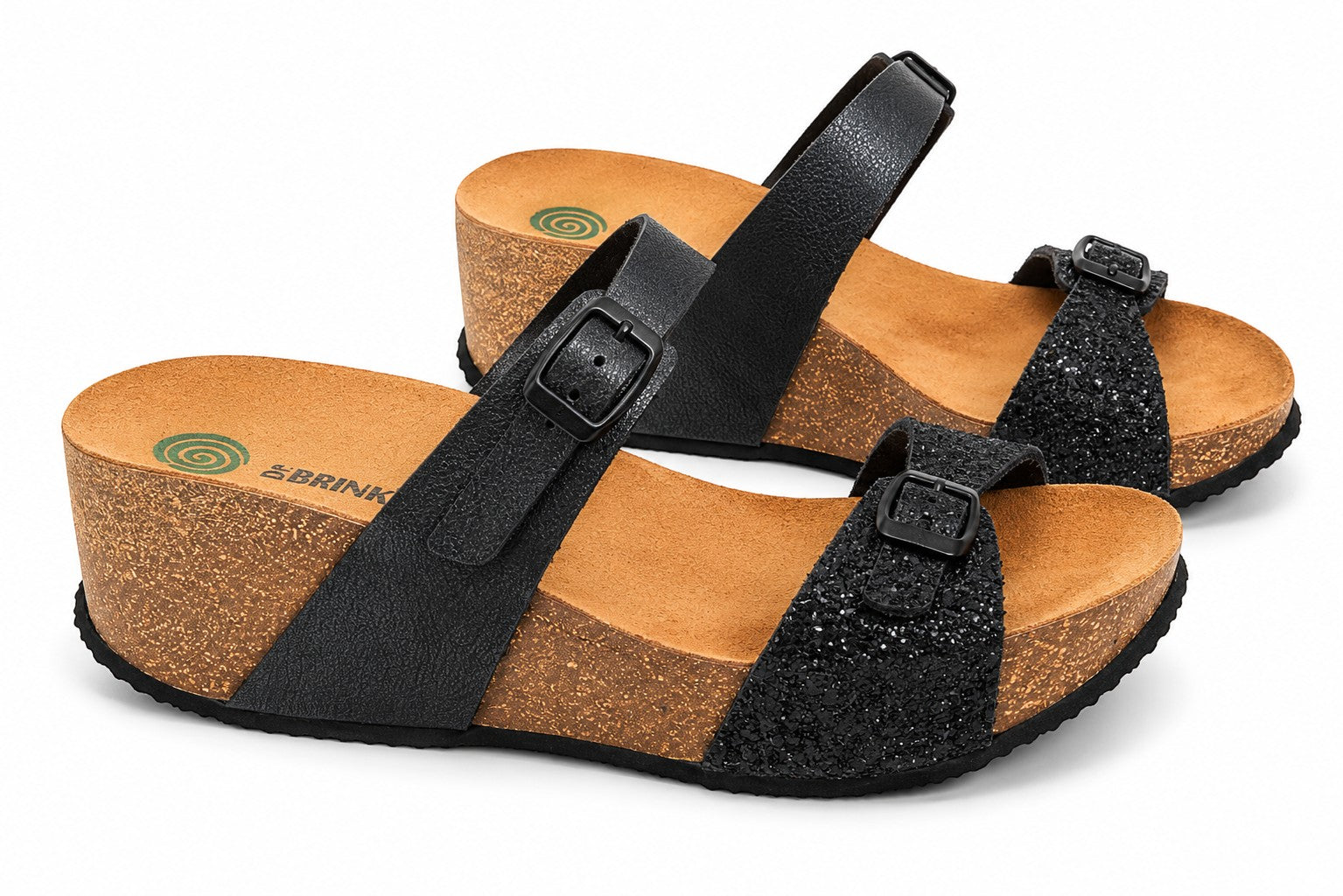 Mules à talon compensé Dr Brinkmann Frippindealz en cuir noir avec brides pailletées et semelle en liège confortable