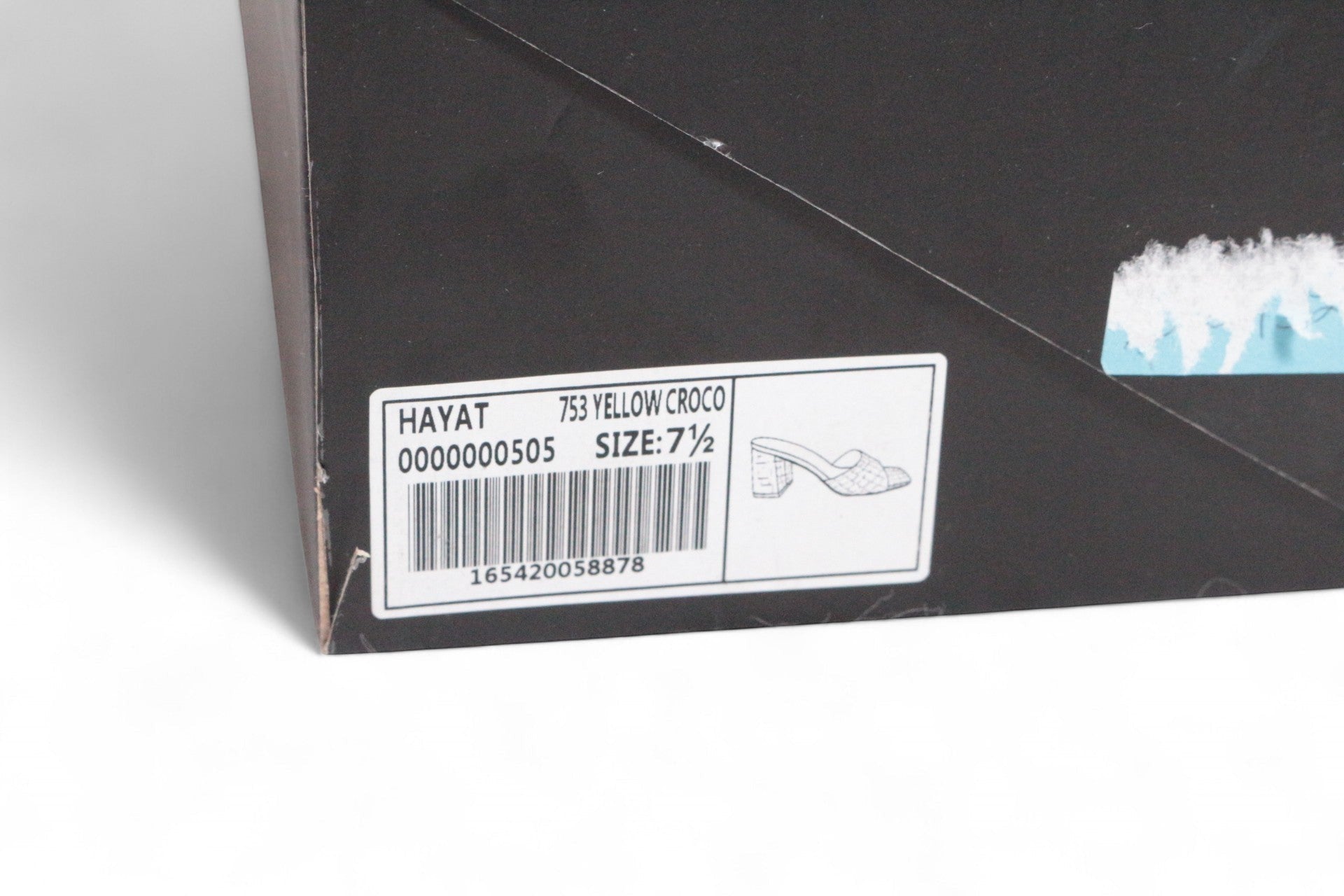 Étiquette de boîte à chaussures Frippindealz pour mules SHUSHOP vert olive à talon tressé