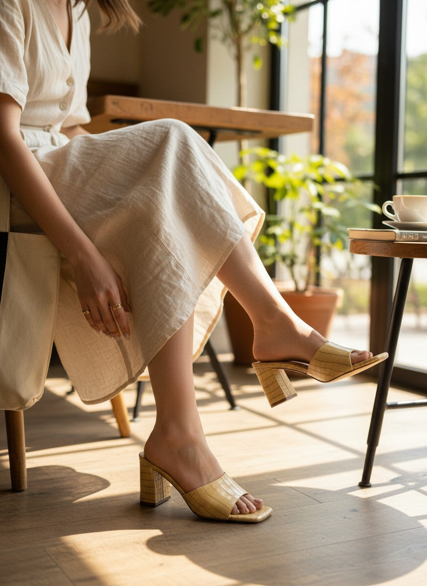 Mules à talon Frippindealz en cuir synthétique beige effet croco portées avec une robe en lin dans un café