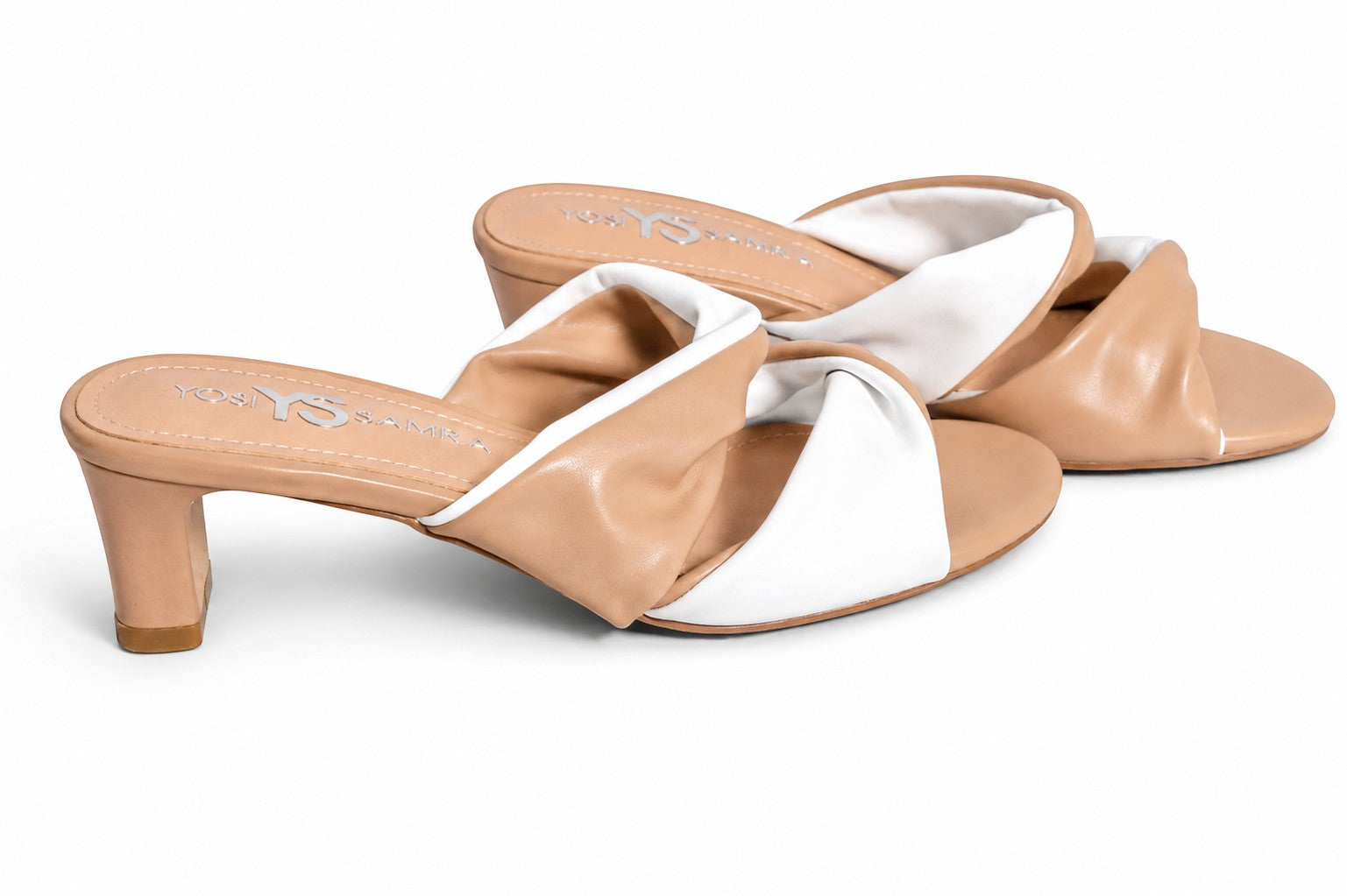 Mules à talons Yosi Samra bicolores crème et beige en cuir synthétique, élégantes et confortables chez Frippindealz