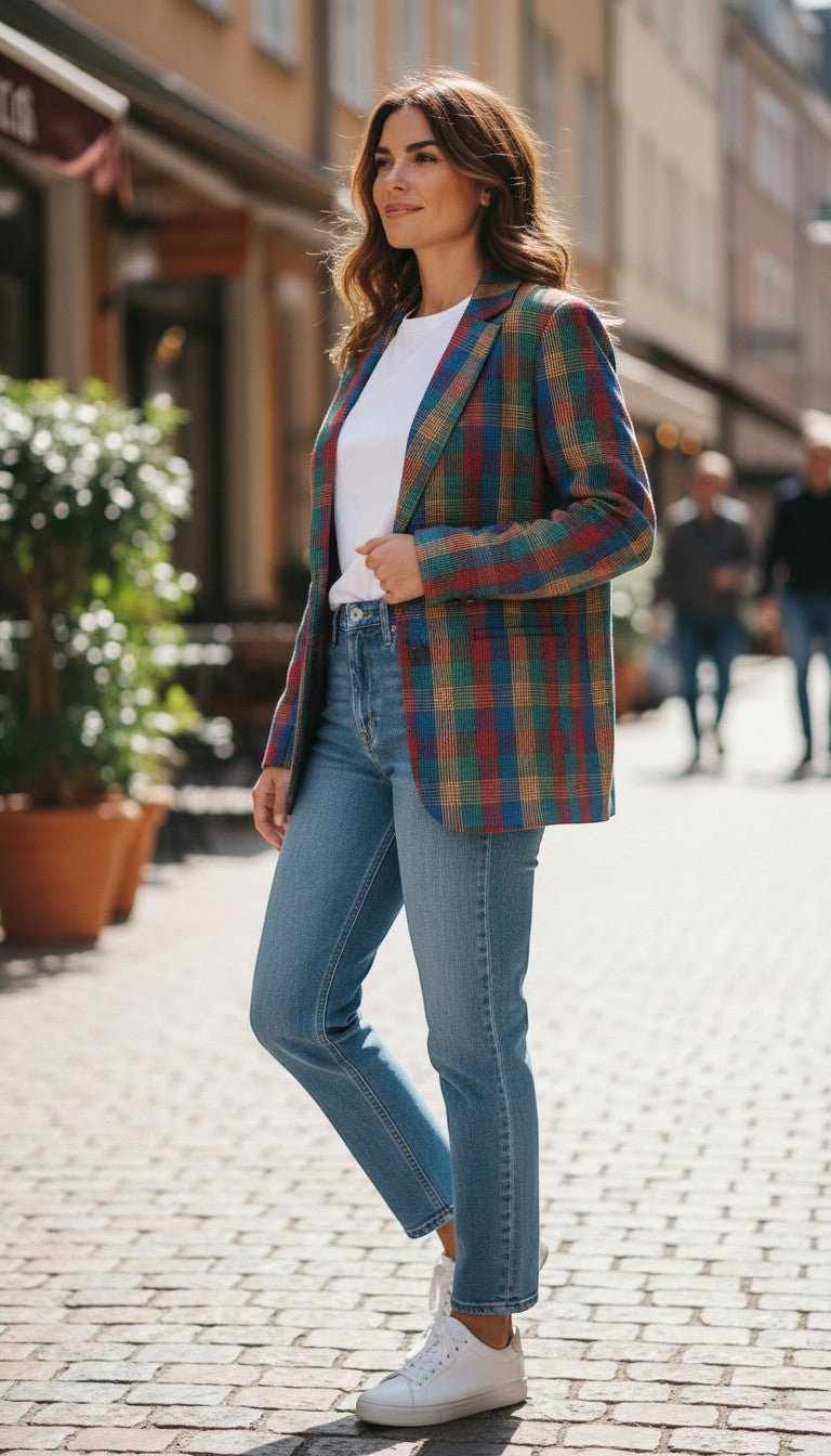 Frippindealz multicolor plaid 100% wool blazer with a structured fit and bold pattern.