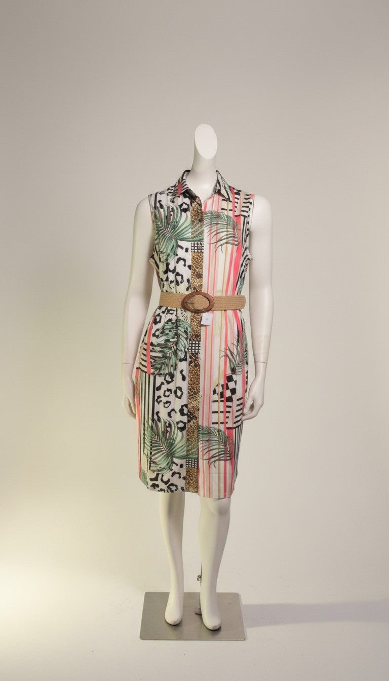 Frippindealz white polyester midi dress with multicolour tropical print, animal print, stripes, and belt.