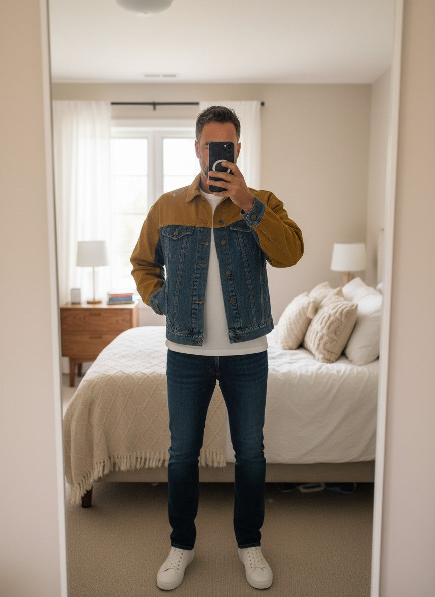Frippindealz mustard yellow and blue denim jacket for men, cotton, colorblock design, button-up front.