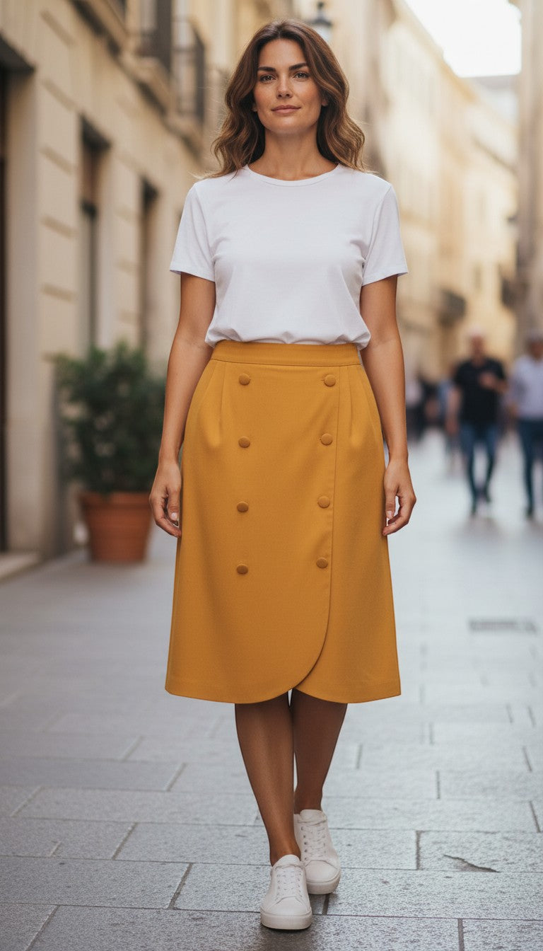 Frippindealz mustard yellow J. Preiss midi skirt in polyester-viscose blend with wrap front and decorative buttons.