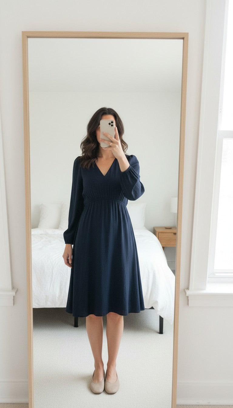 Frippindealz navy blue polyester short dress with v-neck and long puff sleeves