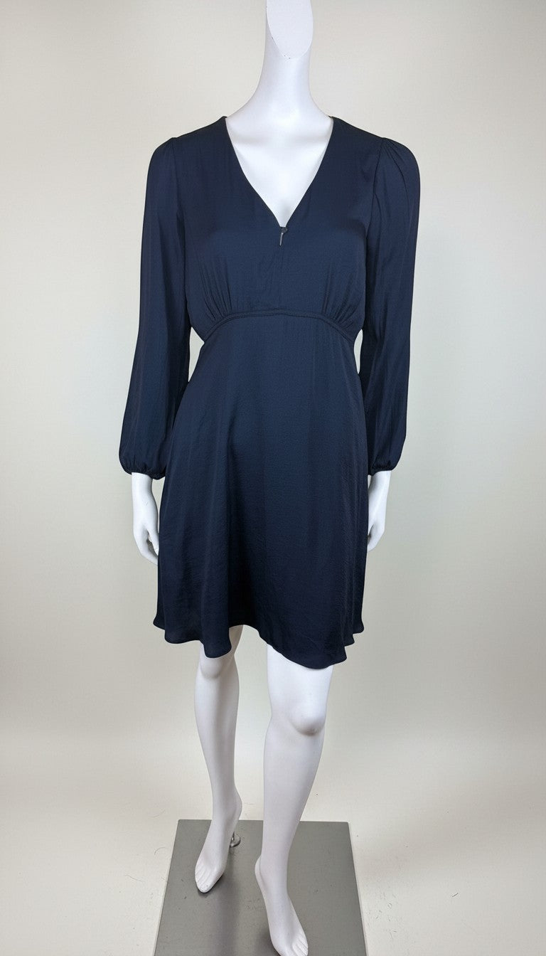Frippindealz navy blue polyester short dress with V-neck and long puff sleeves, cinched waist, and A-line skirt.