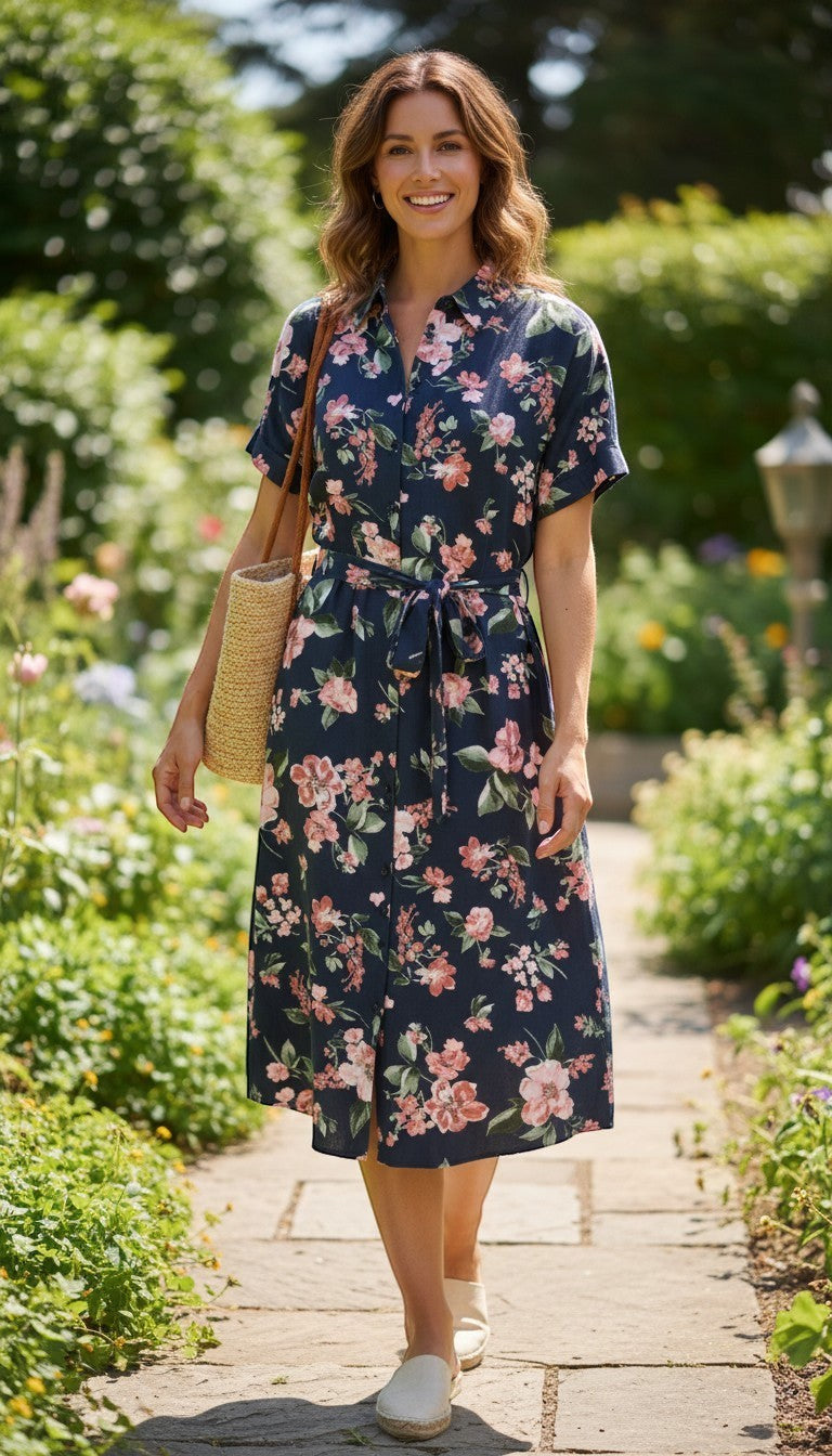 Frippindealz navy blue midi dress with short sleeves, a floral print, and a tie waist.