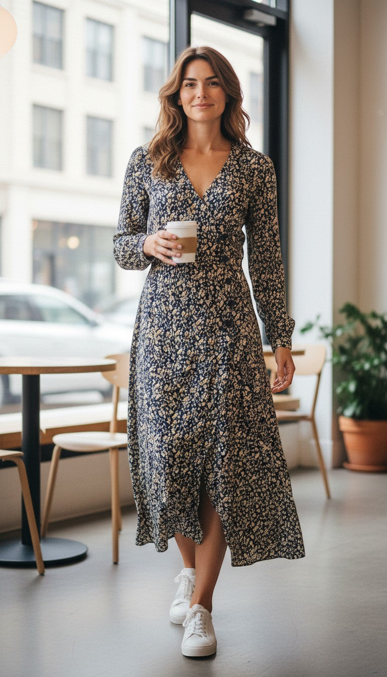 Frippindealz navy blue viscose midi dress with a multicolore floral print and button front.