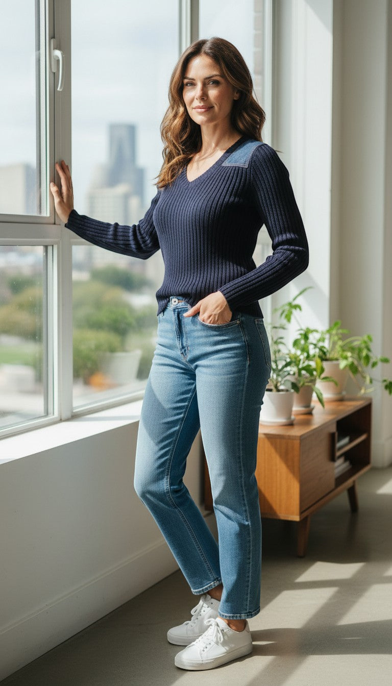 Frippindealz navy blue acrylic cotton ribbed v-neck sweater with denim shoulder details