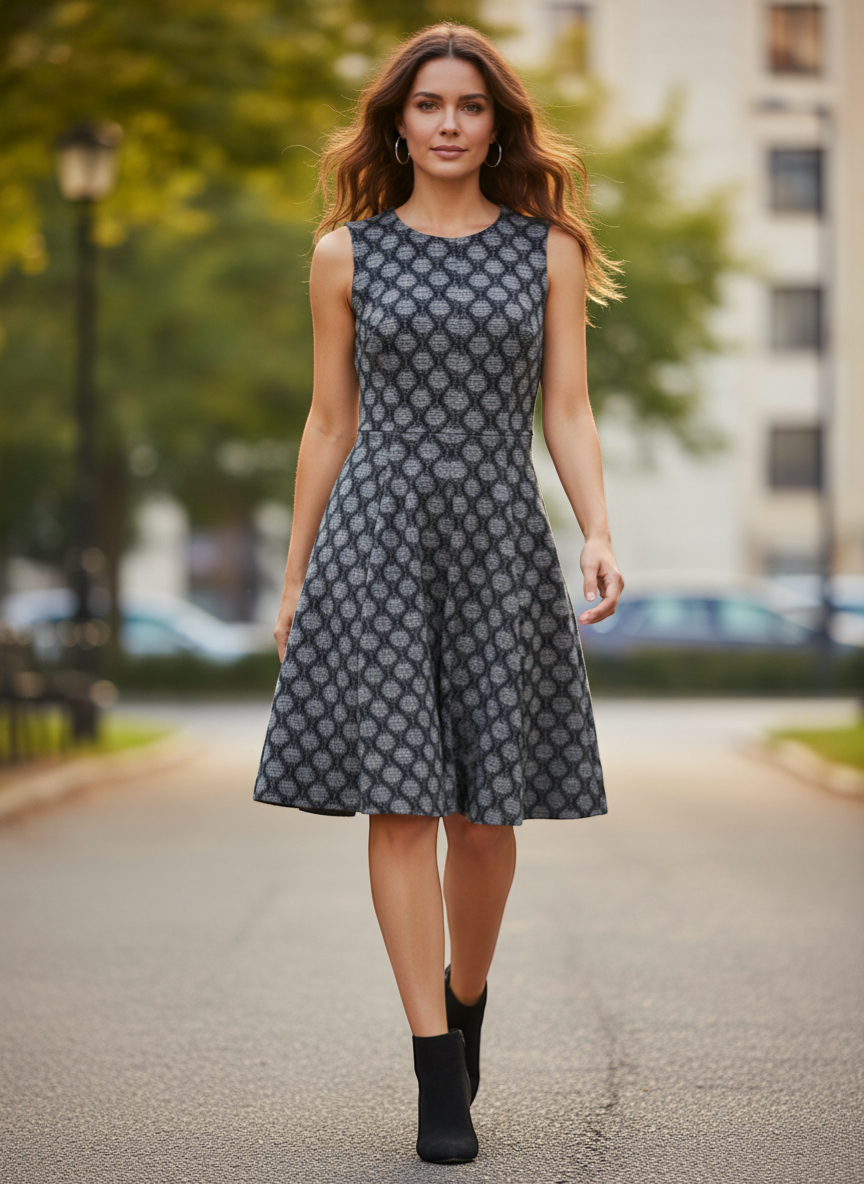 Frippindealz navy blue and white jacquard geometric pattern sleeveless A-line dress in cotton elastane blend.