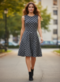 Frippindealz navy blue and white jacquard geometric pattern sleeveless A-line dress in cotton elastane blend.