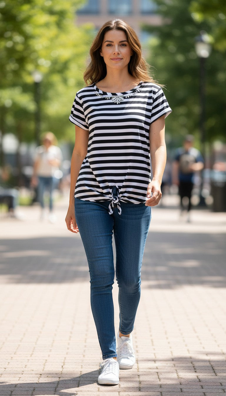 Frippindealz navy and white striped viscose lycra top with jeweled neckline and tie front. Size M.