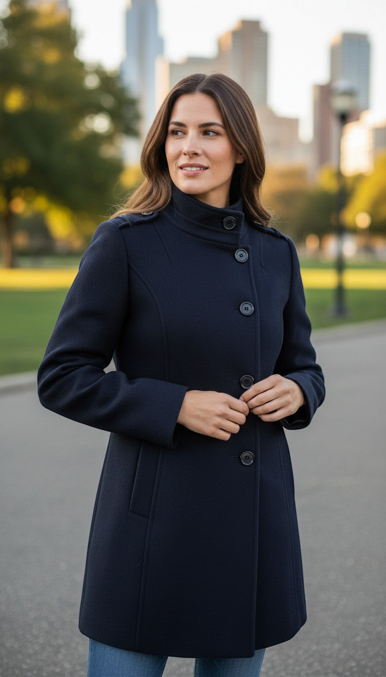 Frippindealz navy blue wool blend coat with a high collar and button closure. Elegant winter outerwear.