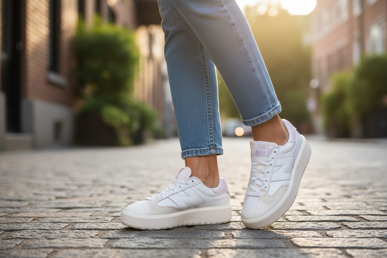 Frippindealz Baskets New Balance en cuir blanc et rose pâle avec semelles Ortholite confortables.