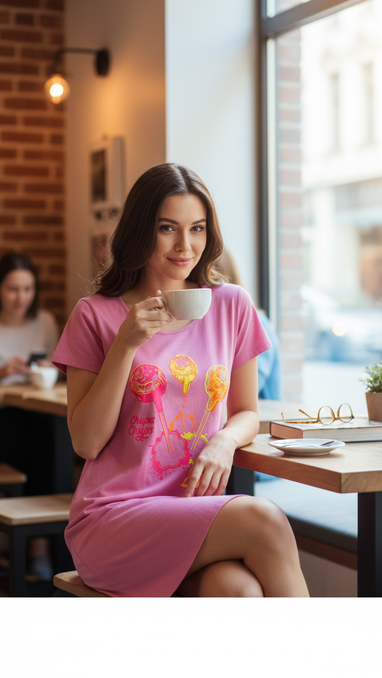 Femme portant une nuisette rose en coton Frippindealz avec imprimé sucettes Chupa Chups vintage dans un café