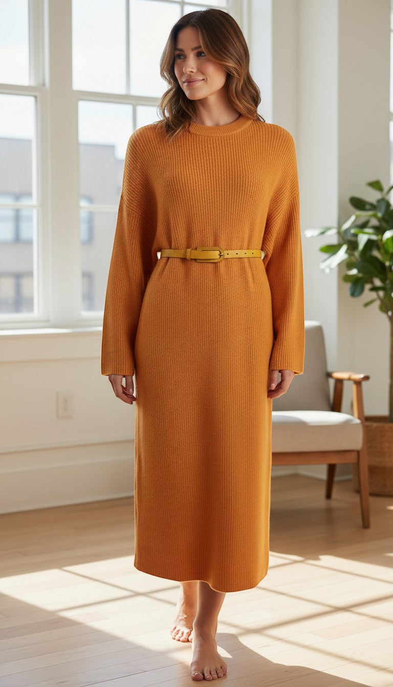 Frippindealz Zara orange acrylic blend ribbed knit midi dress with matching yellow belt.