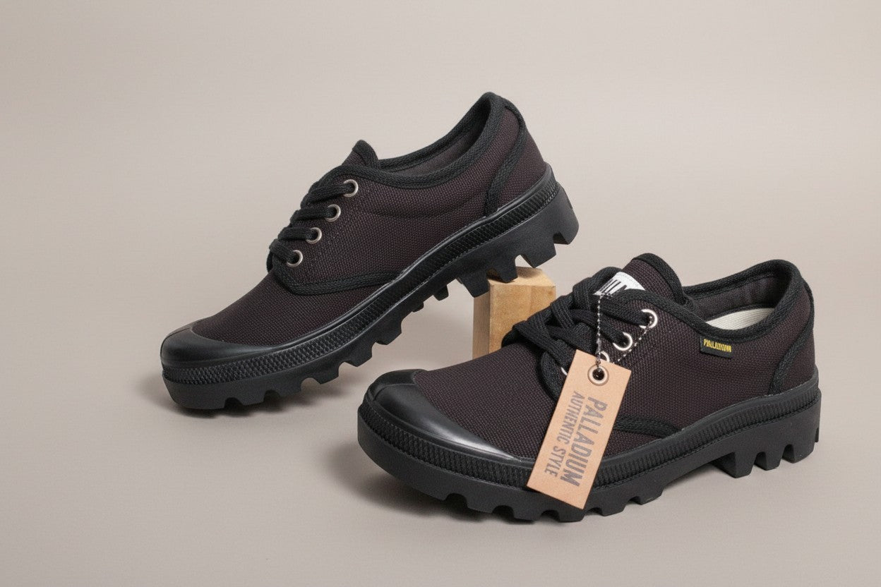 Frippindealz Palladium black canvas low-top sneakers with lace-up closure and thick rubber sole.