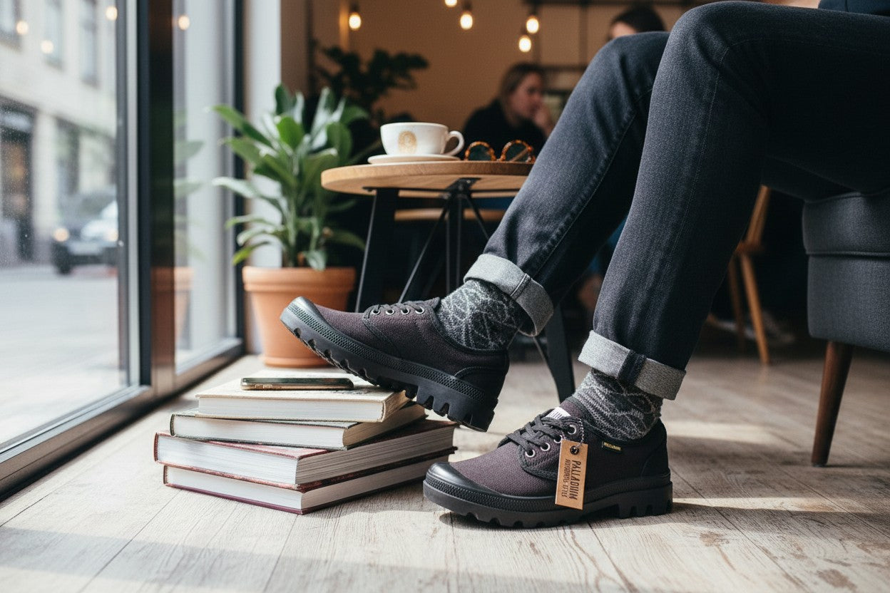 Frippindealz Palladium black canvas low-top sneakers with lace-up closure and thick rubber sole.