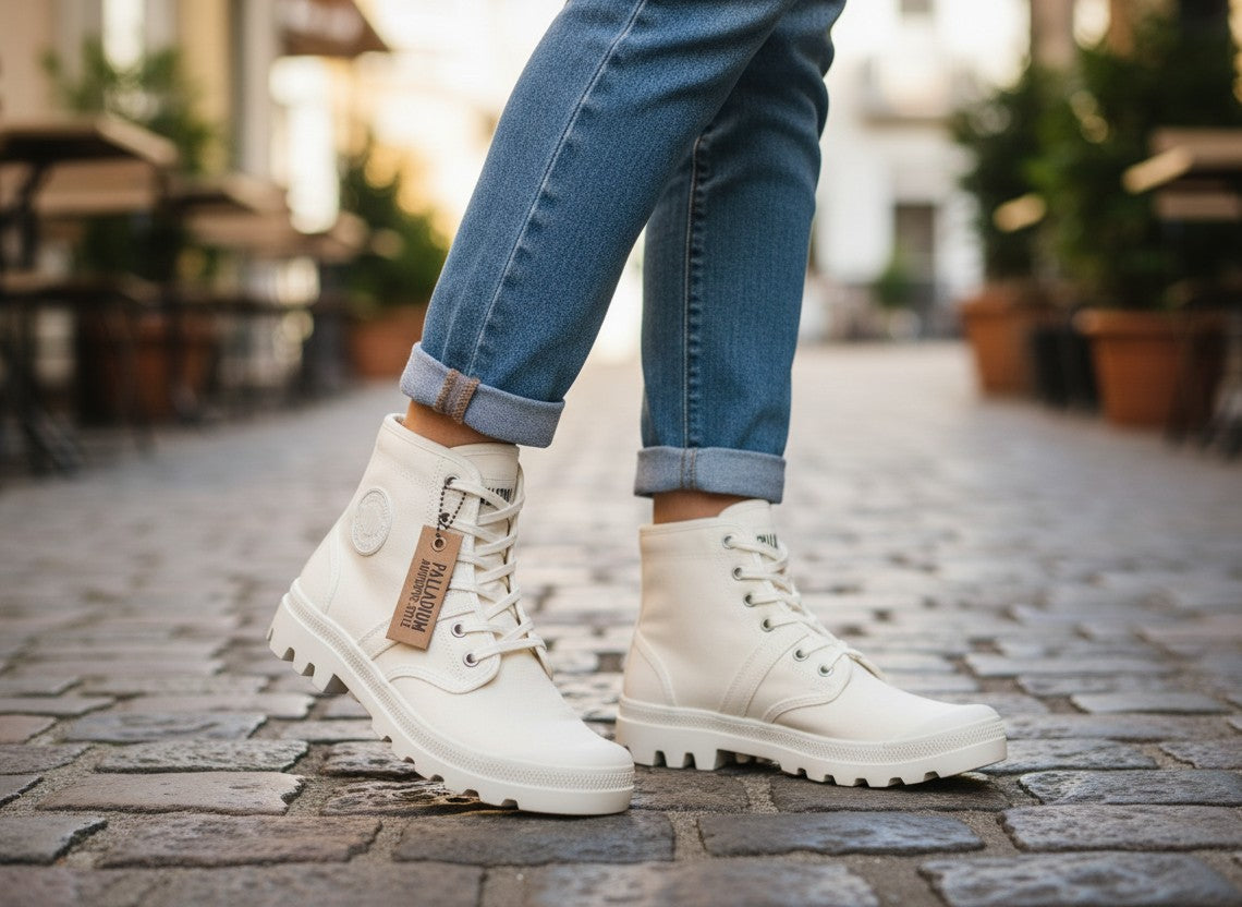 Frippindealz Palladium bottines à lacets blanches en coton, style Pallabrousse, avec étiquette.