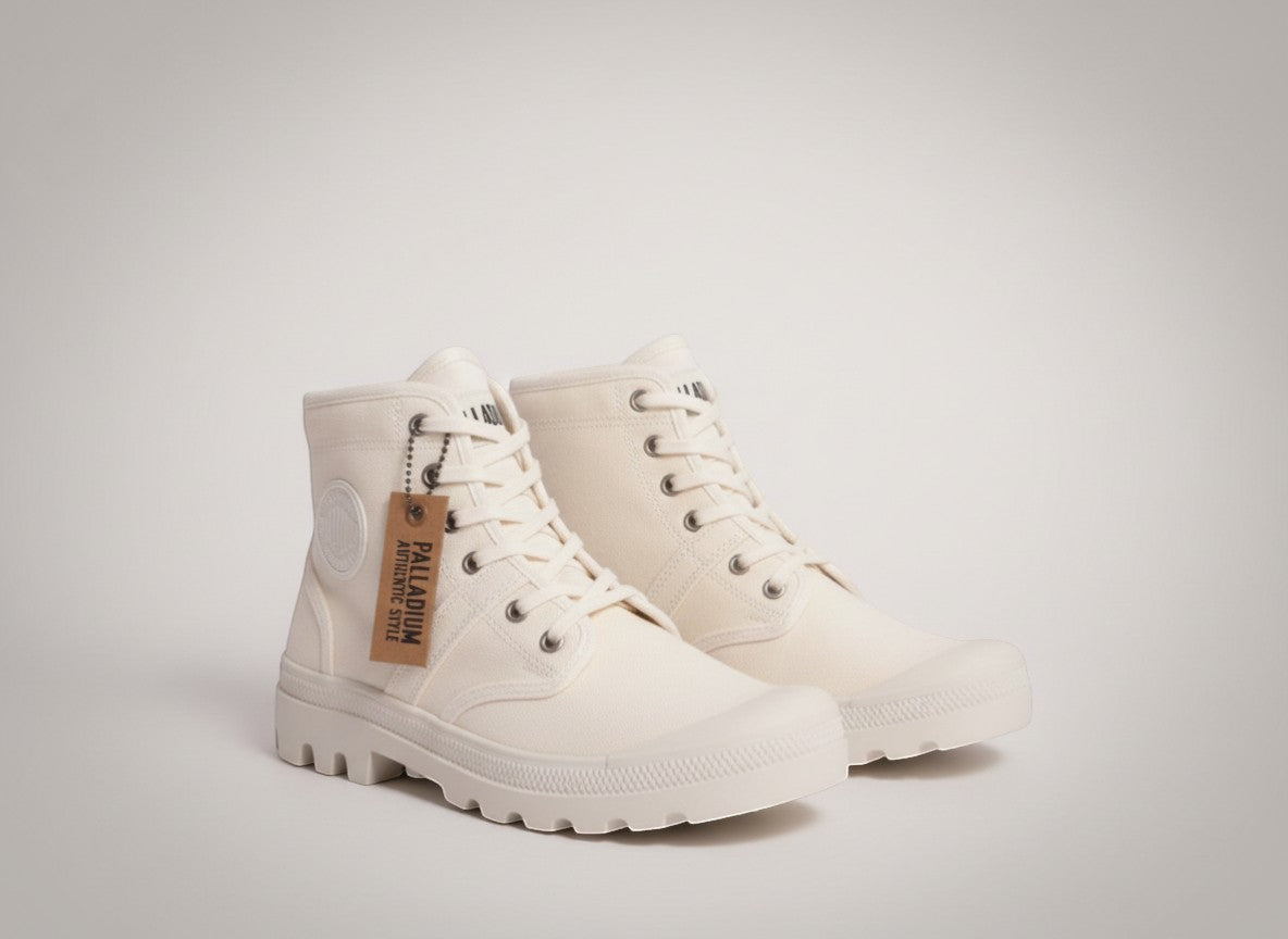 Frippindealz Palladium white cotton lace-up ankle boots with lug sole and side logo.