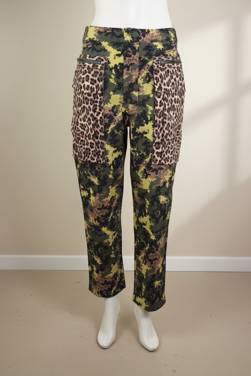Pantalon cargo Frippindealz Twinset droit en coton vert à imprimé camouflage et poches latérales façon léopard