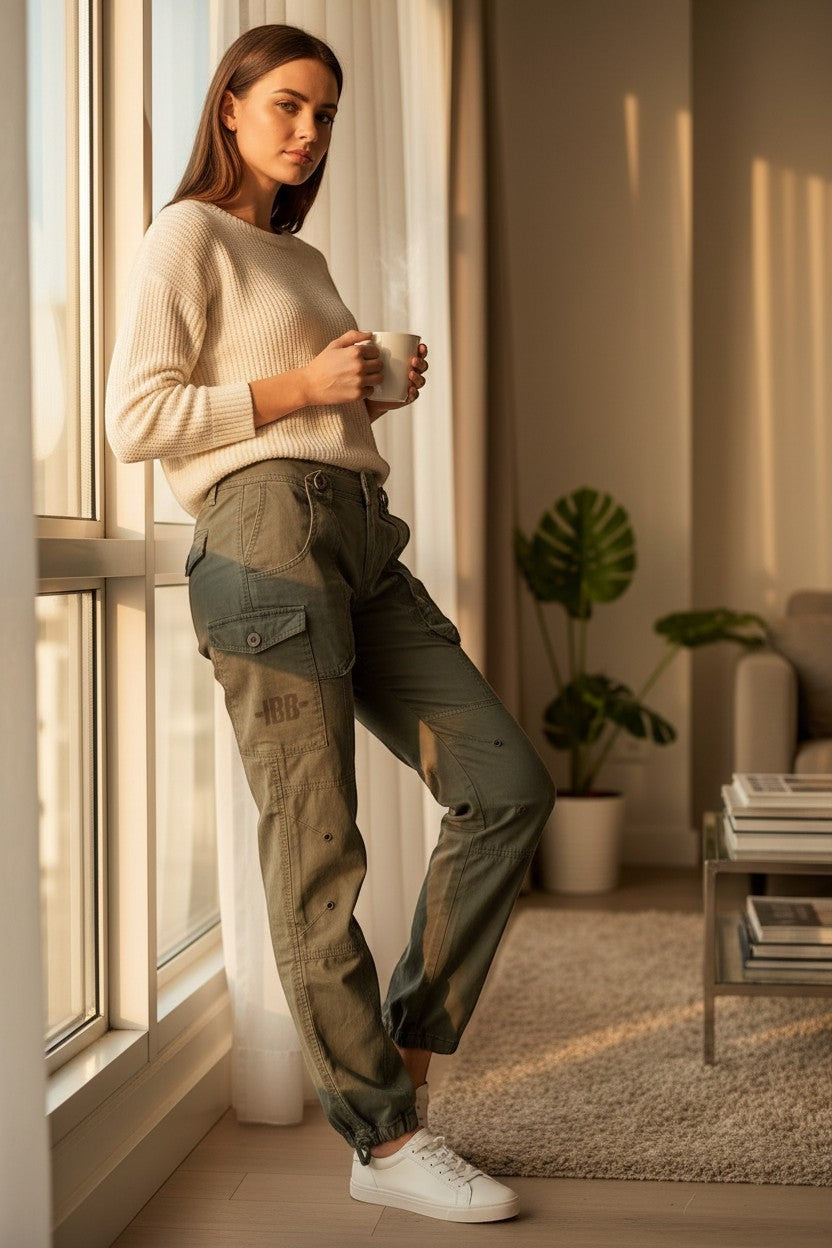 Femme portant un pantalon cargo kaki Frippindealz en coton avec poches latérales et bas ajustables style militaire