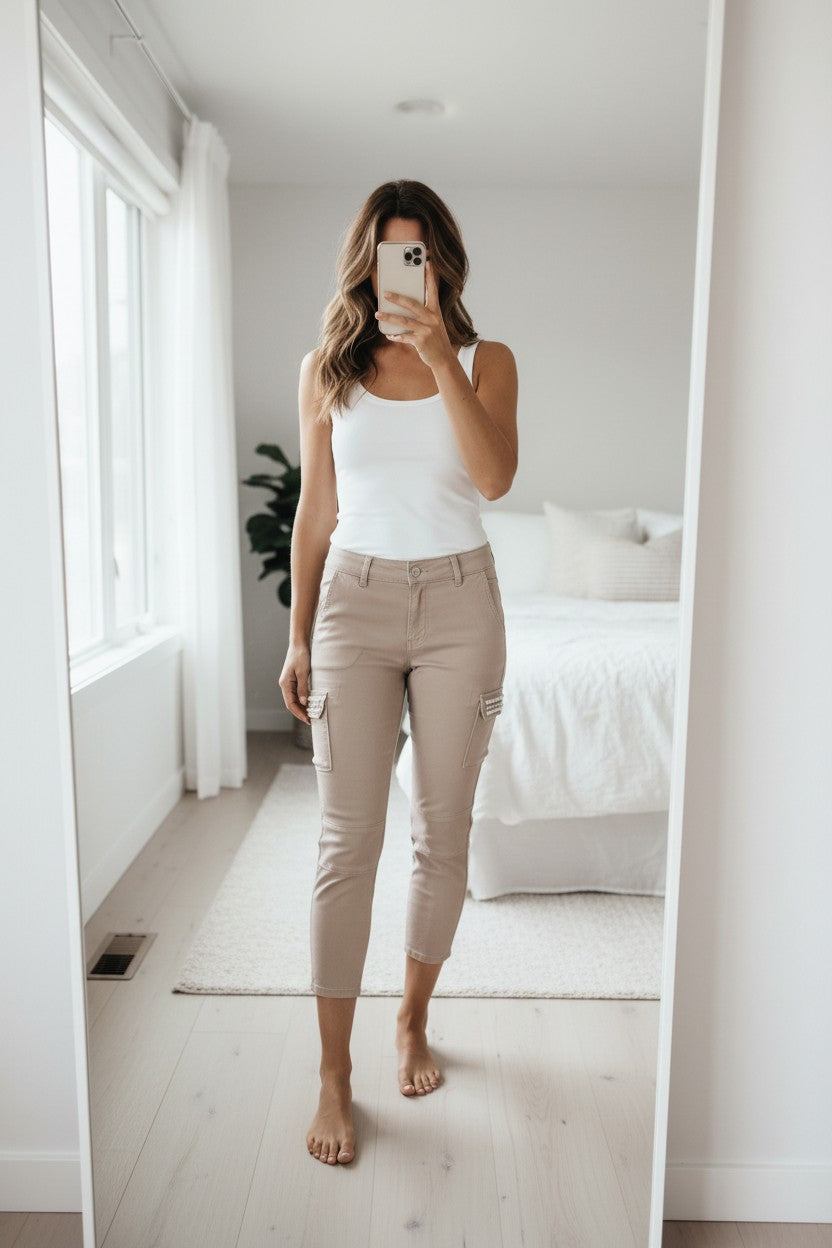 Frippindealz Pantalon cargo skinny 7/8 beige nude orné de perles et strass sur les poches. Coton stretch.