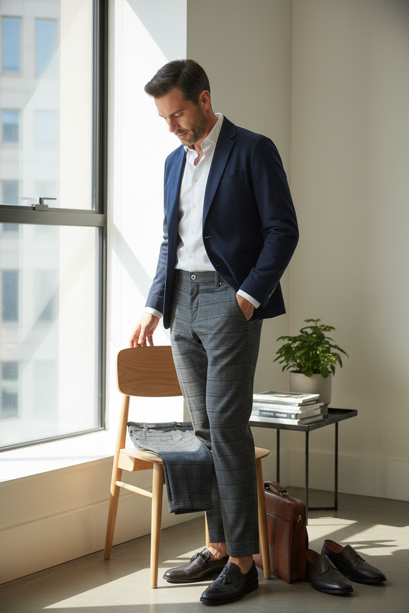 Pantalon de costume Frippindealz BRAX gris à motif prince de Galles en coton mélangé porté par un homme élégant