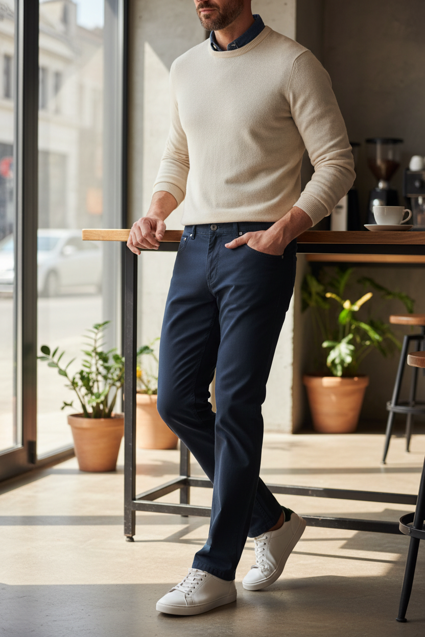Homme portant un pantalon en coton bleu marine Frippindealz avec un pull beige et des baskets blanches