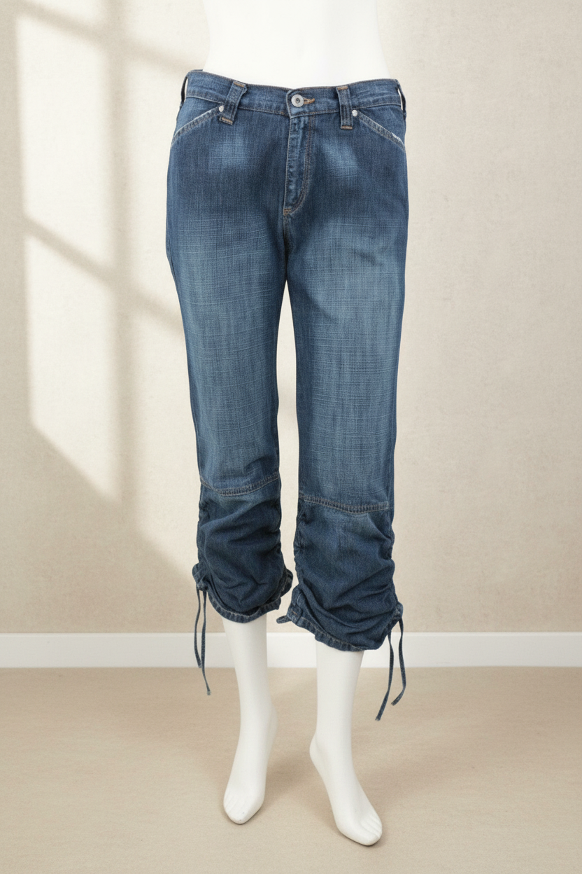 Pantalon en coton bleu Frippindealz style Y2K avec détails froncés et cordons de serrage aux chevilles