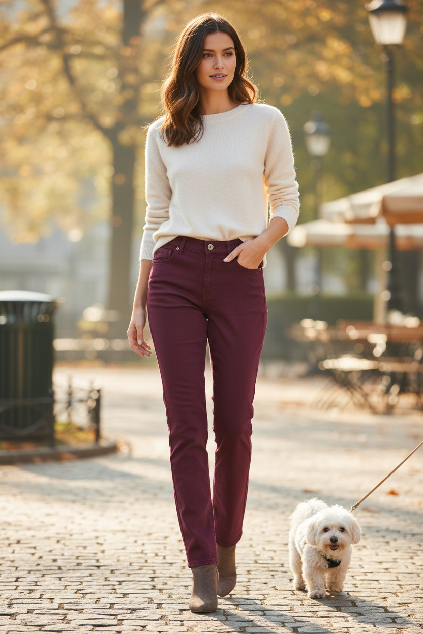 Femme portant un pantalon en coton bordeaux Harper & Neyer avec un pull crème, photographiée par Frippindealz.